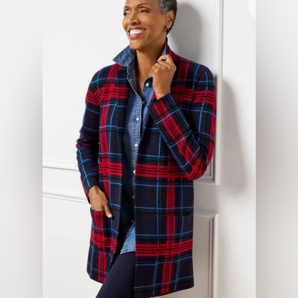 NWT, Talbots 100% Merino Wool Sweater Jacket (Coatigan). Navy & Red Plaid. SZ L
